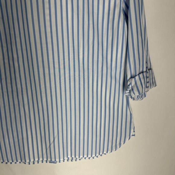 Chicos NO-IRON Button Up Shirt Blouse Size Medium Roll Sleeve Tap Cotton Striped - Picture 5 of 8